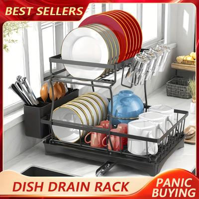 TEMU 2-layer Dish Drain Rack For Kitchen Countertop Metal Dish Drain Rack With Knife Cup Cutlery Rack