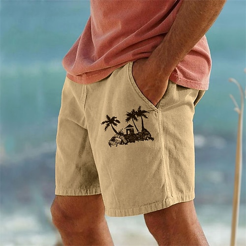 Coconut Tree Herren-Shorts aus 10 % Leinen, Sommer-Hawaiian-Shorts, Strand-Shorts, bedruckt, Kordelzug, elastische Taille, atmungsaktiv, weich, kurz, lässig, täglich, Urlaub, Streetwear Image