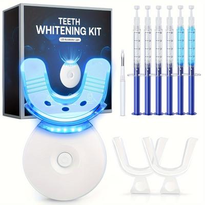 Led Teeth Light With 6 X 3ml Carbamide Peroxide Teeth Gel, Included 2 Mouth Trays & Tray Case And Brush, Safe Enamel, Fast And Gentle Teeth