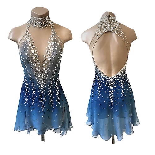 Robe de Patinage Artistique Femme Fille Patinage Robes Bleu Trou