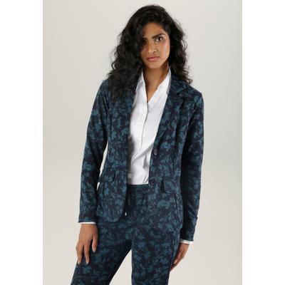 Kurzblazer ANISTON SELECTED, Damen, Gr. 40, bunt (dunkelblau, petrol), Sweatware, Obermaterial: 67% Polyester, 29% Viskose, 4% Elasthan, Jacquardmuster, geblümt, modisch, figurbetont hüftlang, Langarm, Blazer, mit farbharmonischem Jacquard-Blumenmuster Image