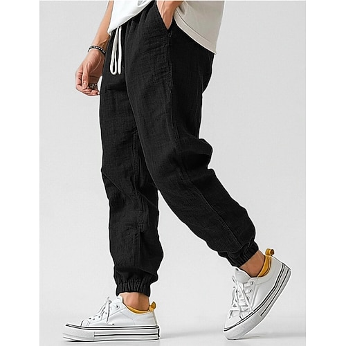 Herren Leinenhosen Hose Sommerhose Elastischer Bund Gerader Schnitt Hohe Taille Einfarbig Komfort Atmungsaktiv Volle Länge Hochzeit Ferien Urlaub Mode Graues Grün Schwarz Hohe Taille Unelastisch Image