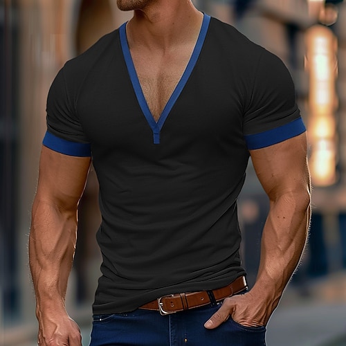 Herren T Shirt T-Shirt Kurze Ärmel V Ausschnitt Sommer Einfarbig Mode Designer Basic Urlaub Straße Ausgehen Dunkelbraun Armee-Grün Schwarz Top T-Shirt für Herren Image