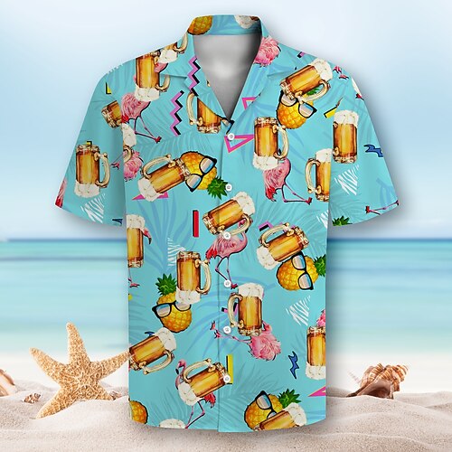 Herren Bier Sommer Hawaiihemd Alohahemd Bedruckte Hemden Kurzarm Hawaiianisch Resort Urlaub Party Lässig Sommer Kubanisches Halsband Druck Button-Down Blau Image