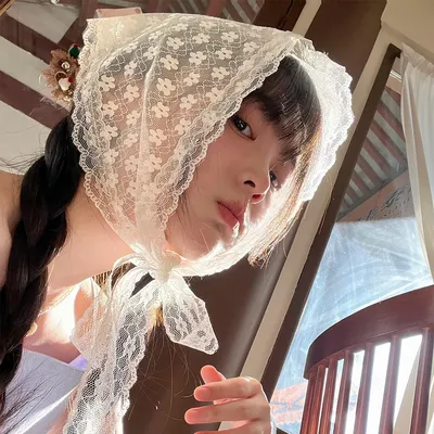 French Solid Color Lace Headscarf Spring and Summer Travel Versatile Sweet Cute Pastoral Style