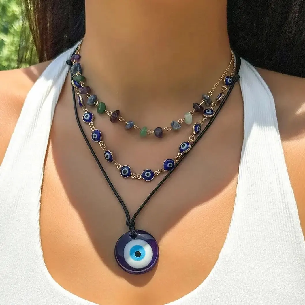 3 Stück Boho kreative blaue türkische glückliche böse Blick Anhänger Choker Halskette für Frauen unregelmäßige Perlenkette y2k Schmuck Zubehör Image