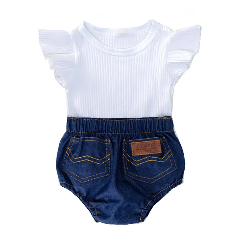 Kleinkind Mädchen Kleidung 2024, Sommer Baumwolle Neugeborenen Rüschen Strampler Jeans Stirnband Kleinkind Baby Mädchen Kleidung Outfit Set Outdoor Anzug Image