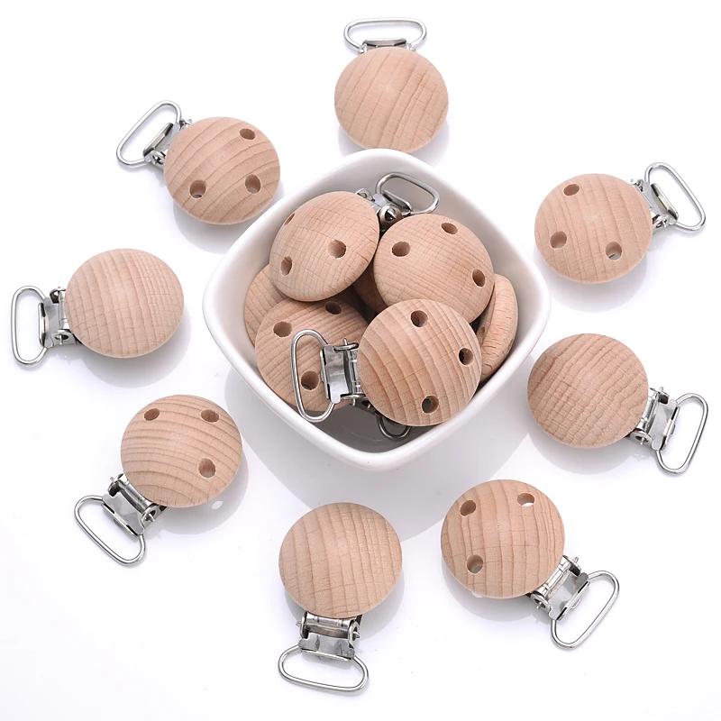 10 teile/los 30mm Holz Schnuller Clip Buche Schnuller Clips kaubare Zahnen DIY Dummy Clip Kette Baby Beißring Pflege Zubehör Image