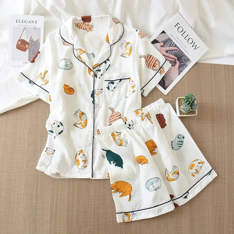 Pyjama d'été japonais pour femmes, deux pièces, gaze 100% coton, Short fin à manches courtes, chat mignon, dessin animé, ensemble de Service à domicile pour femmes, nouvelle collection