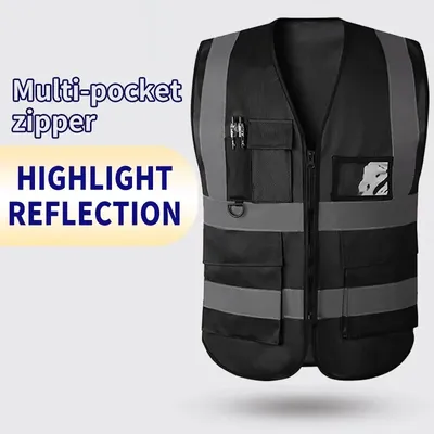 Reflective Vest Vest Reflective Vest Traffic Riding Vest Overalls Multi-pocket Zipper-Black