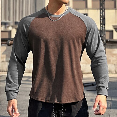 Herren Lauf-T-Shirt Patchwork Langarm T-Shirt Lässig Athleisure Sommer Farbblock Weich Atmungsaktiv Fitnesstraining Gehen Joggen Sportbekleidung Sportkleidung Schwarz Weiß Kaffee Image