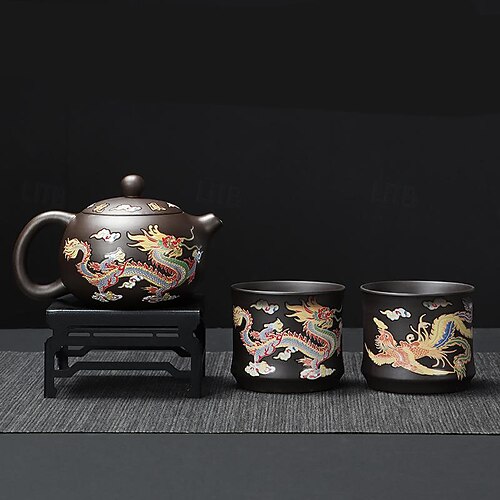 Farbwechselndes Teekannenset mit Drachenmotiv Phoenix Zisha chinesisches Loong-Geschenk – hitzeempfindliches Kung-Fu-Teeservice mit Teekanne und Tassen, Geschäftsgeschenk Image