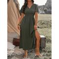 Damen Sommerkleid Maxidress Rüschensaum Verabredung Strassenmode Maxi V Ausschnitt Kurzarm Schwarz Marineblau Grün Farbe