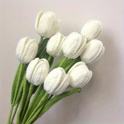 TEMU 6pcs Fake Tulips Artificial Flower Bouquet For Decoration, Flowers Bouquet For Table Decor, Handmade Knitted Tulip Flower With Stem & Leaf, Tulip Forever Flower Spring Decor