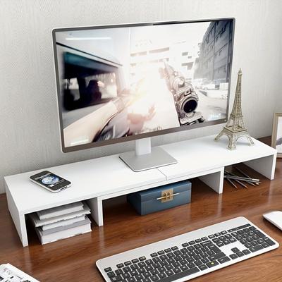 Wooden Monitor Stand Riser, Dual Screen Desktop Organizer, Adjustable Length, Office Document Storage Shelf, Home Computer Desk Accessory