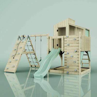 Rebo Outdoor Spielturm mit Wellenrutsche Spielhaus aus Holz mit Kinderschaukel, Kletterwand,