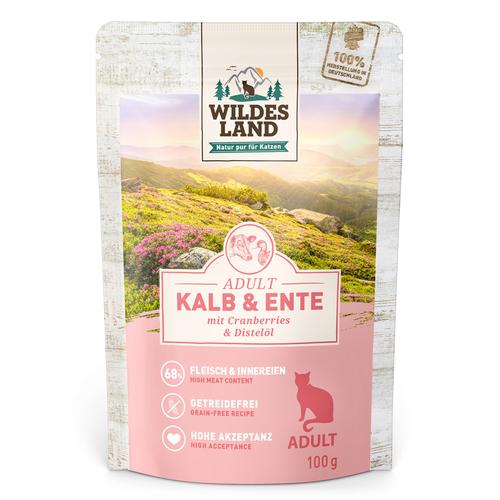 24x100g Wildes Land Cat Kalb, Ente mit Cranberries Katzenfutter nass