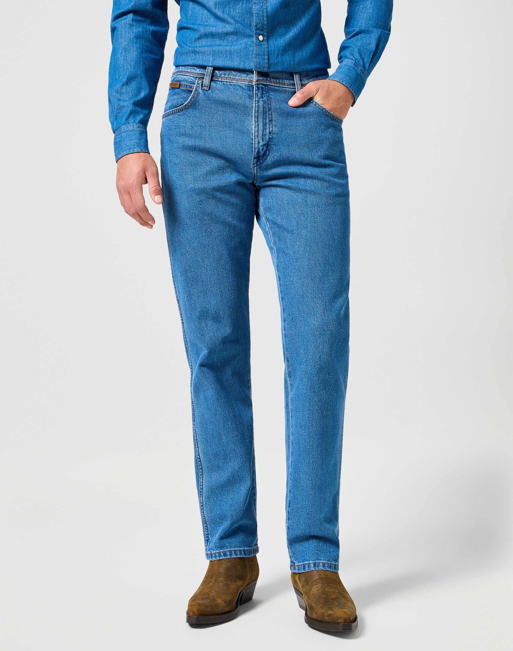 Gerade Jeans WRANGLER "Texas", Herren, Gr. 46, Länge 34, blau (desert mirage), Denim/Jeans, Obermaterial: 99% Baumwolle, 1% Elasthan, Basic, regular fit lang, Jeans