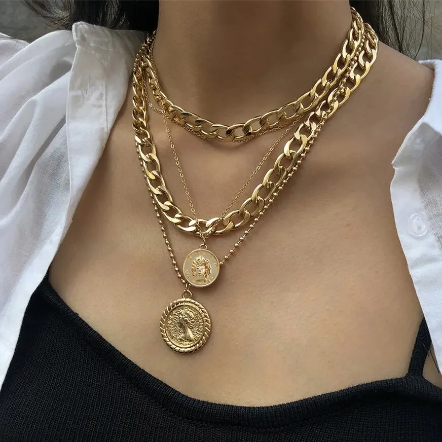 Hip Hop Trend Multilayer Runde Anhänger Halskette für Frauen Mode Punk Gold Farbe Dicke Kette Party Hals Schmuck Zubehör Neue Image