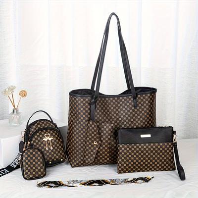 TEMU 4 Classic Retro Pattern Bag Set : Large Capacity Tote Bag With Mini Square Shoulder Bag With Hanging Mini Purse, And Clutch Zipper Bag