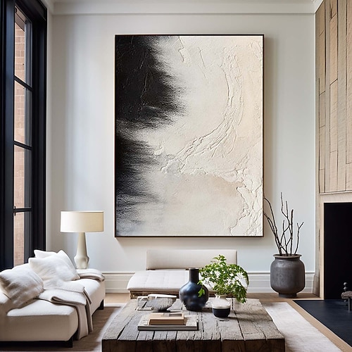 Ölgemälde, groß, handgemalt, beige und schwarz strukturierte Wandkunst, beiges abstraktes Gemälde auf Leinwand, moderne abstrakte Wandkunst auf Leinwand, ein Paar schwarze Strukturgemälde Image