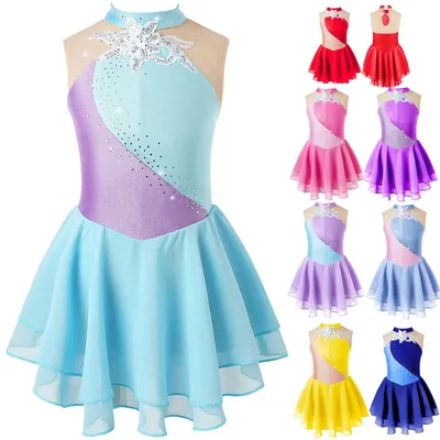 Floral Rhinestone Ballet Gymnastics Leotard Kid Girl Mesh Splice Figure Ice Skating Dress Teens