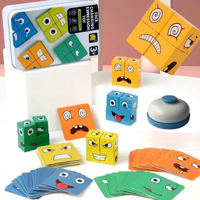 Face Changing Cube Board Card Game Building Blocks Cartoon Wooden Puzzle Montessori Anxiety Stress Relief Toys For Children Kids
