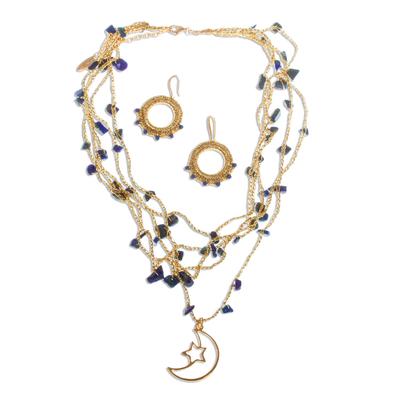 Celestial Blue,'Gold Plated Crocheted Jewelry Set with Lapis Lazuli'