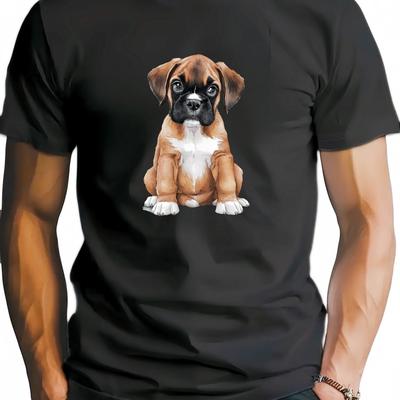 TEMU Men's Casual White T-shirt With Watercolor Boxer Puppy Print - Short Sleeve, Polyester, Machine Washable, Summer Tee Image