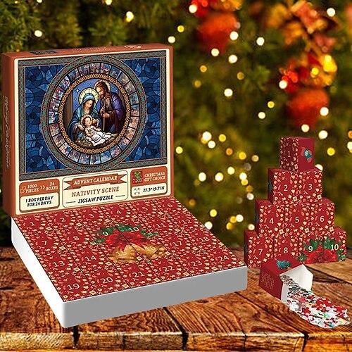 Adventskalender 2023, Krippen-Puzzle 1000 Teile, Puzzle-Countdown-Kalender für Weihnachtsgeschenke, 24 Boxen Puzzles für Countdown, Belen-Dekoration