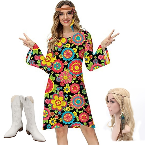 Hippie Retro Vintage 1970er Disko Kleid Damen Kostüm Jahrgang Cosplay Party Abend Langarm Kleid Maskerade Schlager Outfit Image