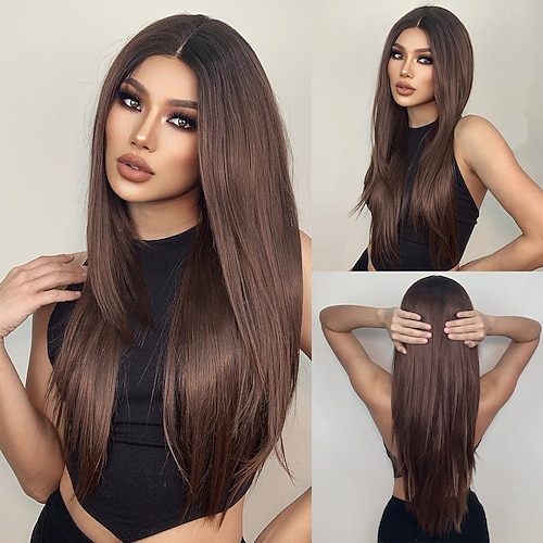 haircube black wine/ombre brown 24 Zoll Lace Front Perücke lang lockig 1341 T Teil Kanekalon Lace Perücke mit Babyhaar für schwarze Frauen 180% Dichte Image