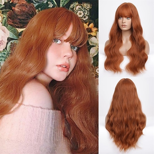 Ombre-Blondine, langes lockiges Haar, langes Haar mit Pony, natürliches Aussehen, hitzebeständige synthetische Perücke, tägliche Spielparty, geeignet für modische Frauen, 66 cm Image