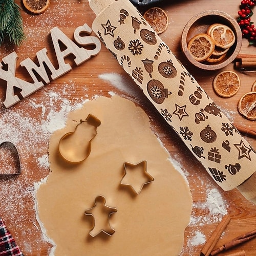Weihnachts-Nudelholz, Krippenprägemuster, Weihnachts-Holzkrippe mit 3D-Gravur und Jesusmotiv zum Plätzchenbacken Image