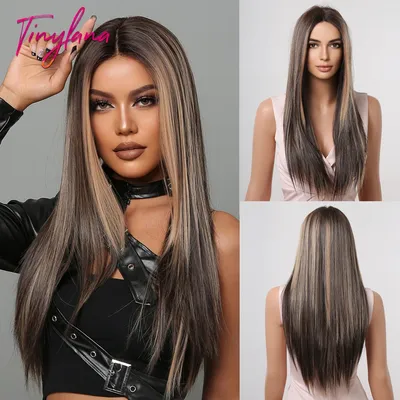 Dark Brown Mixed Golden Lace Front Synthetic Wigs Long Straight Highlight Wig for Black Women