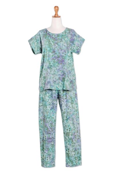 Balinese Garden,'Hand-Stamped Pajama Set with Garden Motif'