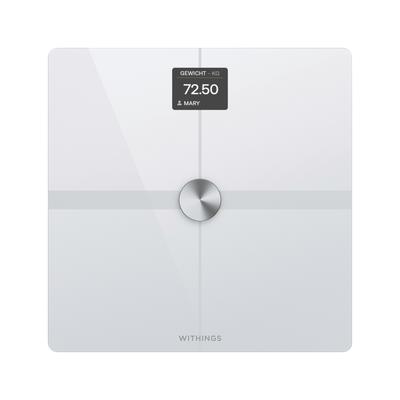 Personenwaage WITHINGS "Body Smart, einschließlich Körperfett-/Muskelmasse", weiß, PersonenwaagenB:32,5cm H:2,56cm T:32,5cm, Glas, automatische Erkennung und Verfolgung von bis zu 8 Benutzern, B:32,5cm H:2,56cm T:32,5cm