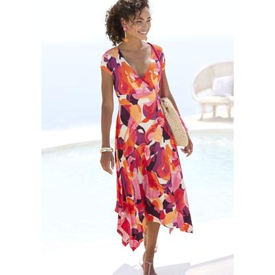 Midikleid VIVANCE, Damen, Gr. 42, N-Gr, bunt (rot, lila, pink bedruckt), Jersey, Obermaterial: 95% Viskose, 5% Elasthan, bedruckt, modisch, figurumspielend kniebedeckend, V-Ausschnitt, Kurzarm, Kleider, mit Alloverdruck, luftiges Sommerkleid in... Image
