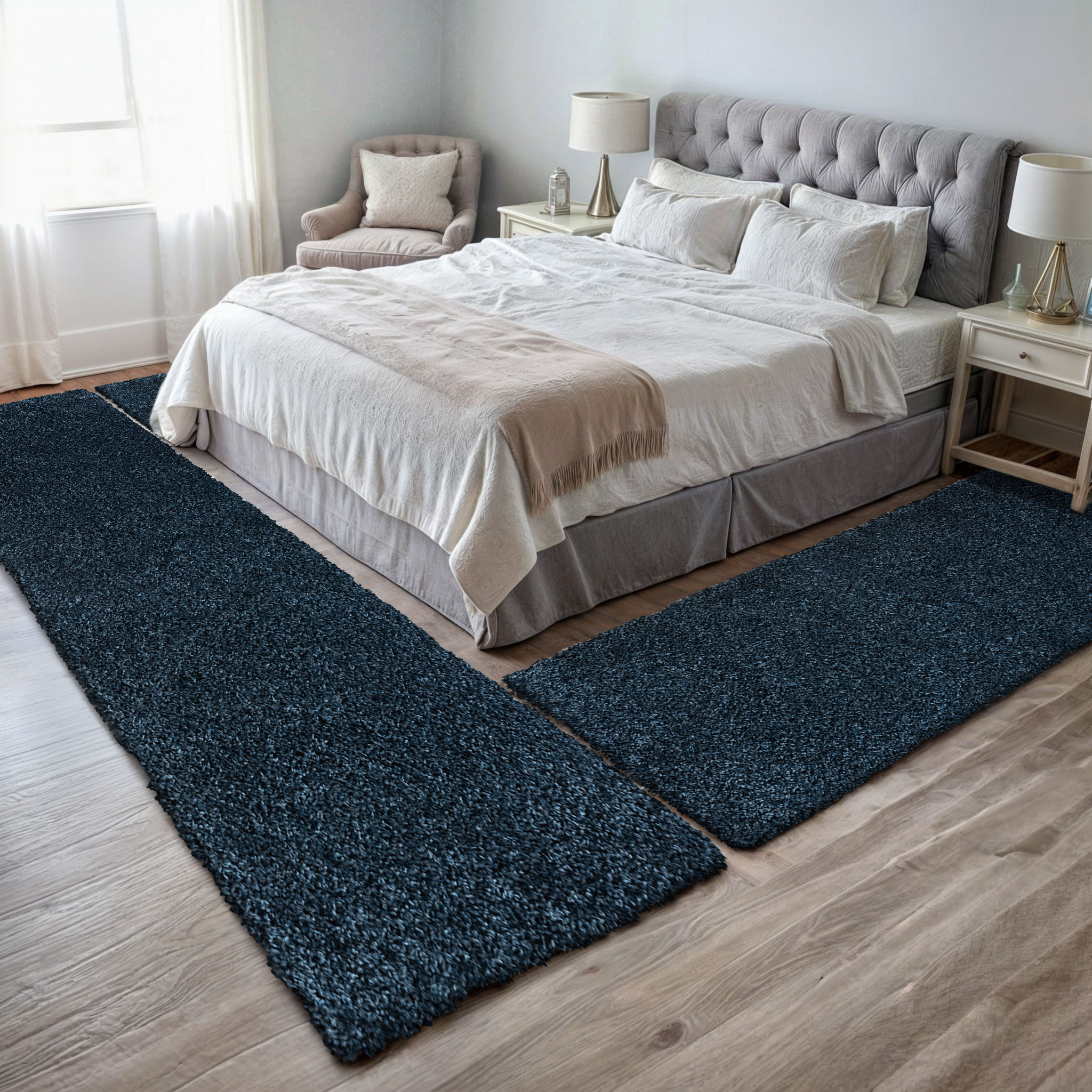Hochflor-Bettumrandung MY HOME "Banji", blau (dunkelblau), H:37mm, Obermaterial: 100% Polypropylen, Bettumrandungen, Uni Farben, weich und flauschig, auch als Läufer & in rund erhältlich Image
