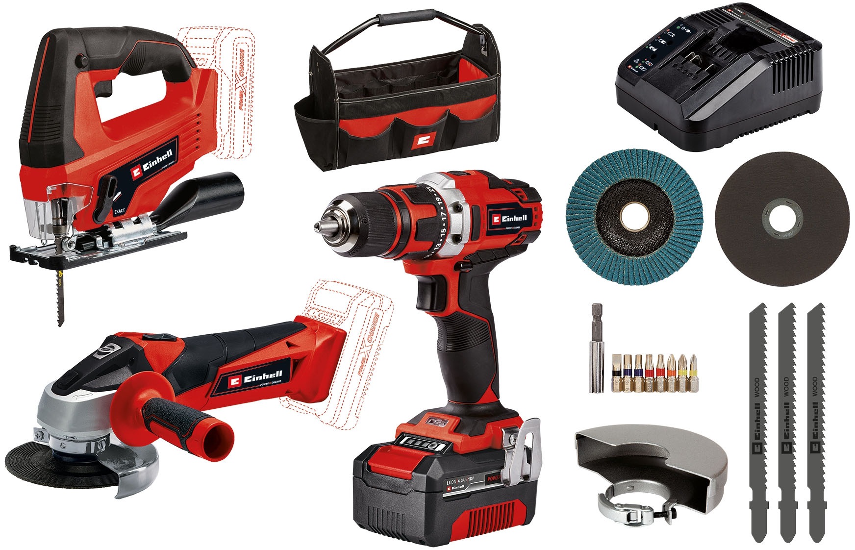 Elektrowerkzeug-Set EINHELL "TE-TK 18/3 Li Kit (JS+CD+AG)", rot (rot, schwarz, weiß), Werkzeugmaschinen-Sets, Akku-Bohrschrauber, -Winkelschleifer und -Stichsäge, Tasche