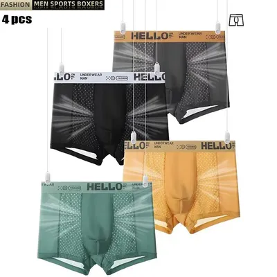 4Pcs männer Unterwäsche Eis Mesh Bakteriostatische Gabelung Männer Boxer Shorts Dünne Atmungsaktive Männer Underpanties Sommer Lüften Höschen Image