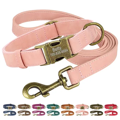 Personalized Dog Collar Leash Set Customized Dogs Collar Walking Lead Rope Leather Pet Collars for Small Medium Large Dogs Pug