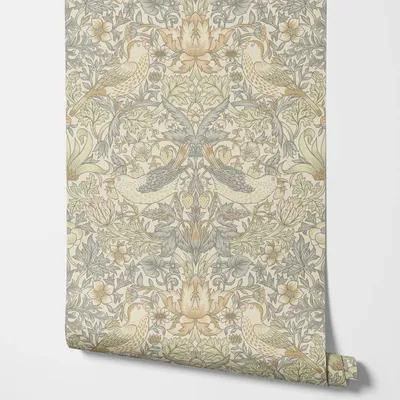 Natürliche Erdbeerdieb-Blumentapete in Naturfarbe, Wandpapier zum Abziehen und Aufkleben mit frechen Vögeln auf der Kopfgeld der Natur Image
