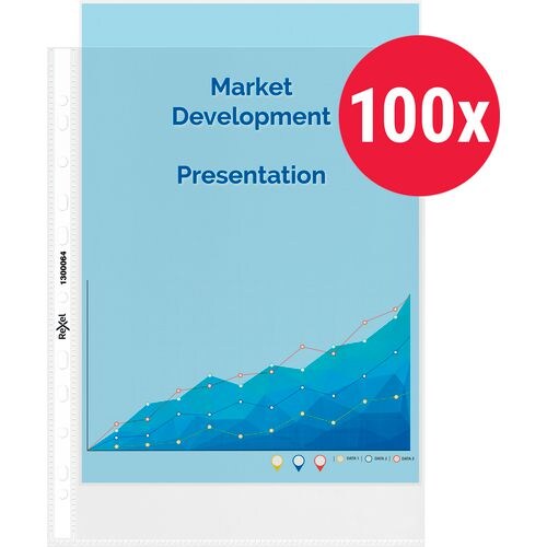 Rexel Premium Top Quality Prospekthüllen DIN A4 Glasklar Transparent 80 Mikron PP (Polypropylen) Öffnung oben 11 Löcher 100 Stück Image