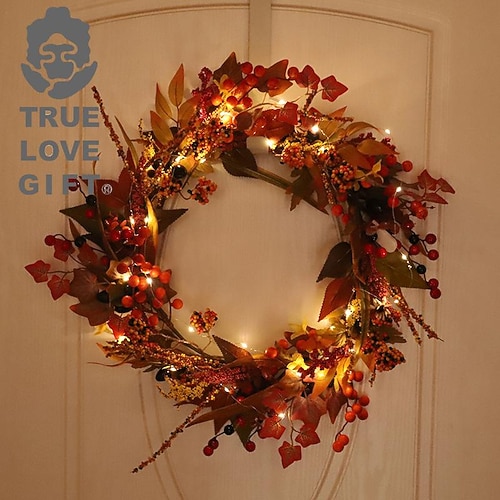 22 Zoll Beleuchteter Herbstkranz, Künstlicher Blätterkranz mit LED Lichtern, Außendekoration für Haustür, Halloween, Erntedank, Haus, Garten, Wand, Terrasse und Feiertage
