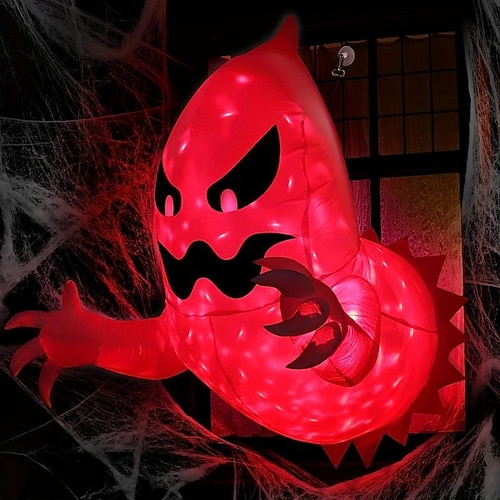 Aufblasbare Halloween-Dekorationen für draußen. Beleuchteter Geist bricht aus Fenster aus mit rotierenden Feuerflammenlichtern. Gruselige Halloween-Dekorationen für Partys draußen und drinnen. Hof, Garten, Rasendekor