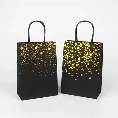 15x21x8cm 5pcs Kraft Paper Gift Bag with Handle，Gold Bronzing Heart Paper Bag，Gift Packaging Bog