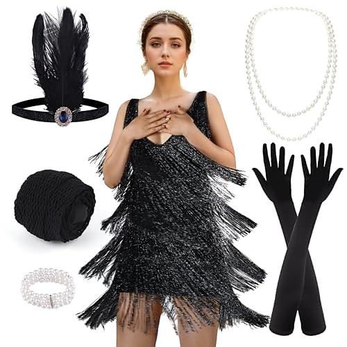 Goldene Zwanziger 1920er Cocktailkleid Mini Flapper Kleid Kleid Outfits Ärmellos Der große Gatsby Charleston Hochzeitsgast Pailletten Quastenfransen Feder V Ausschnitt Kostüm Damen Neujahr Maskerade Image