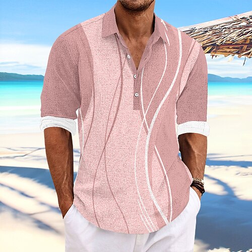 Herren Linien / Wellen Geometrische Muster Knopfhemd Henley Shirt Langarm Hawaiianisch Resort Outdoor Casual Sommer Frühling Herbst Umlegekragen Rosa Blau Khaki Grau Image