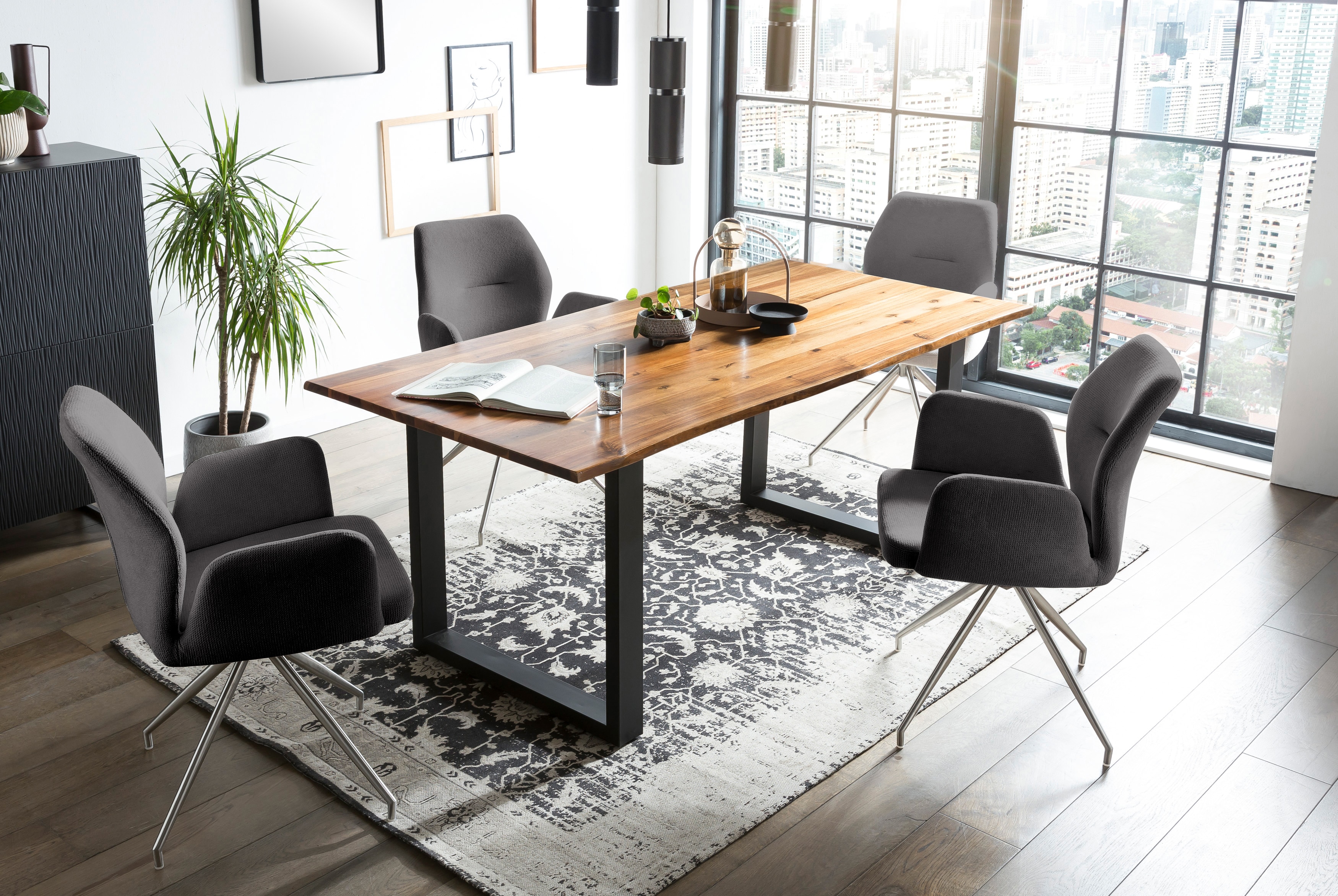 Essgruppe SALESFEVER "Tischgruppe für gemütliche Familienabende", grau (cognac, schwarz, dunkelgrau, silber, dunkelgrau, silber), Strukturstoff, 160,85 + Drehfunktion, Edelstahl, Massivholz, Metall, Polyester, Sitzmöbel-Sets, Tischplatte mit echter...